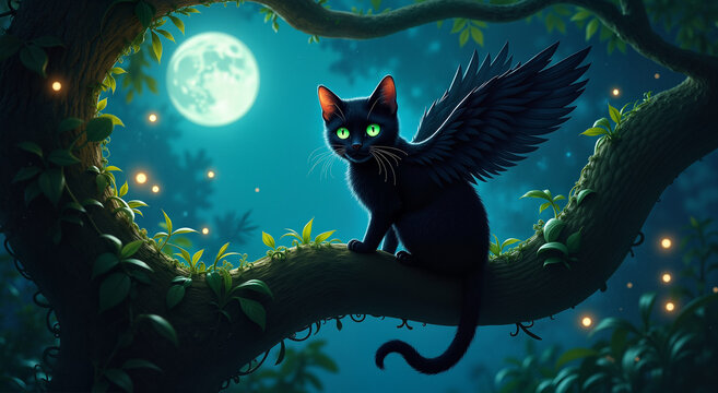 Amazing black cat with wings in fantasy style blooming forest, can be used as poster for pet shop or as magical wallpaper, ai generative image	