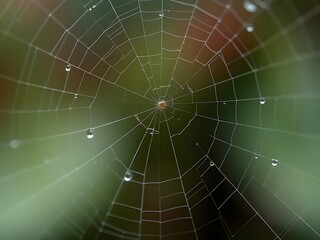 Obraz premium Close-up of Spider Web with Water Droplets and Spider, Nature and Wildlife Photography.