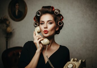 Woman with vintage curlers talking on a retro telephone, exuding glamour