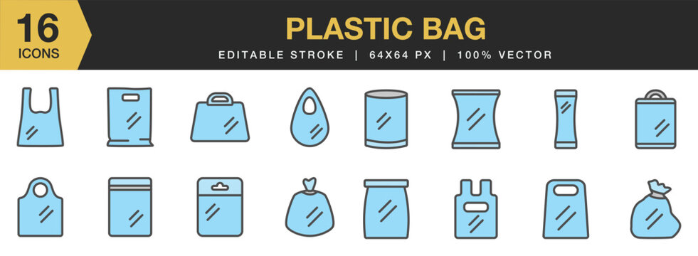 Plastic Bag flat color icon set. Includes plastic bag icons, and More. Flat color icons vector collection.