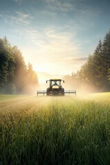Fototapeta premium Tractor Working on Lush Green Field at Sunrise with Misty Background