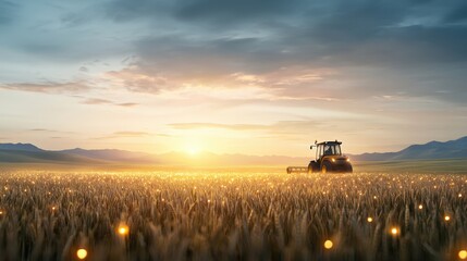 Fototapeta premium Tractor in Sunrise Over Wheat Field with Glowing Light Effects