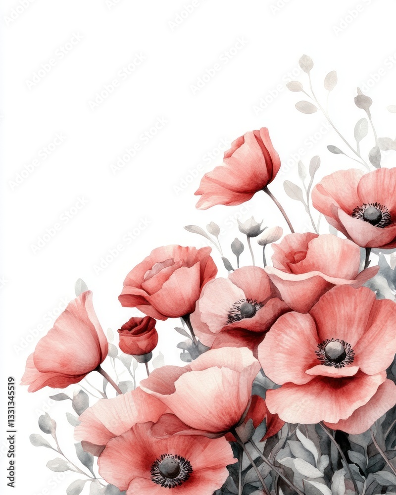 Aufkleber delicate pink poppies with greenery on soft background in watercolor style