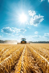 Fototapeta premium Tractor Harvesting Golden Wheat Under Bright Blue Sky with Clouds