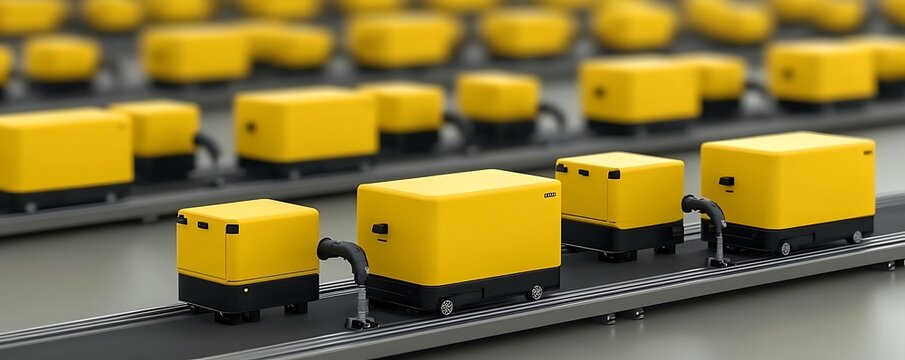 Yellow robots moving along a conveyor belt in a factory