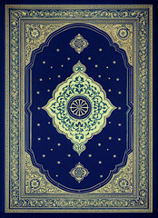 Ornate blue and gold geometric pattern with intricate floral motifs and star-like shapes. Elegant symmetry and rich details convey a sense of luxury