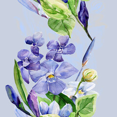 Frühlingsblumen.Seamless pattern of wild flowers, watercolor  image  on a colored background.