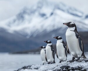 Naklejka premium Four Chinstrap penguins standing on a rocky shore in Antarctica, with mountains in the background.