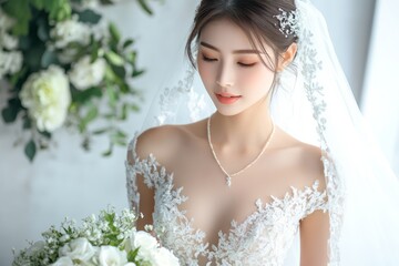 Naklejka premium Beautiful bride in a lace dress holding a white bouquet