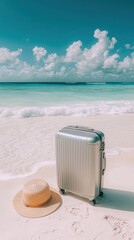 Stylish luggage on a sun-kissed beach tropical paradise high fidelity photography relaxing environment close-up view travel concept