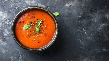 A bowl of gazpacho soup placed on a dark stone surface
