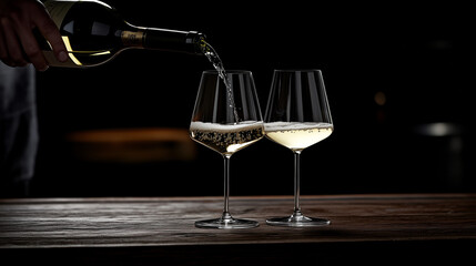 Two wine glasses with white wine being poured, embodying elegance and simplicity in a timeless moment.