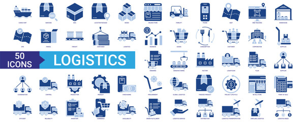 Logistics icon collection set. Containing cargo ship, purchasing, business, goods, consumption, customer, corporation, inventory, supplier, transportation icon. Simple flat vector.
