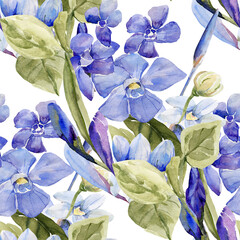 Frühlingsblumen.Seamless pattern of wild flowers, watercolor  image  on a colored background.