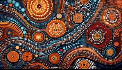 Aboriginal dot painting-inspired patterns forming intricate shapes and fluid designs, celebrating Indigenous art and cultural storytelling through symbolic, rhythmic motifs.
