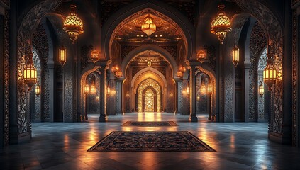 Obraz premium Opulent Hallway with Ornate Arches, Glowing Lanterns, and Patterned Rug