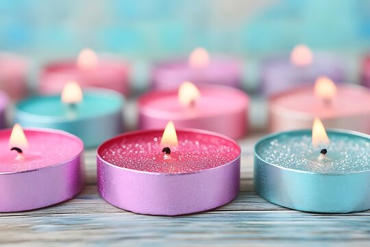 Burning tealights on wooden surface
