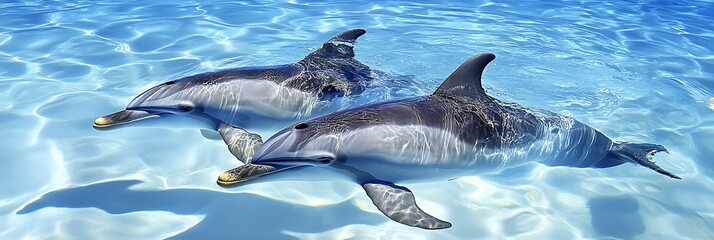 Fototapeta premium Two dolphins swimming in clear blue water, ripples in the background, for marine life, education