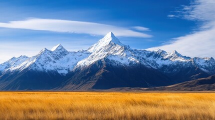 Fototapeta premium Snow-Capped Mountain Peaks Towering Over Golden Grasslands Under Blue Sky