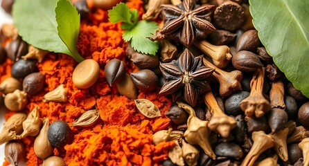 Close-up of mixed whole spices with star anise, cloves, and herbs, culinary ingredients, cooking, gastronomy.