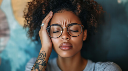 A young Black woman with curly hair and glasses expresses frustration or stress, holding her head with furrowed brows. Her tattooed arm and stylish accessories add personality to the moody, artistic p