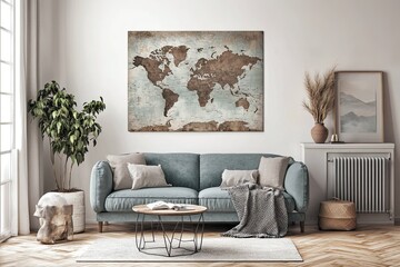 Scandinavian-inspired modern living room with pastel blue sofa and wooden parquet floor. Home decor, interior design, furniture advertising, commercial use concepts.