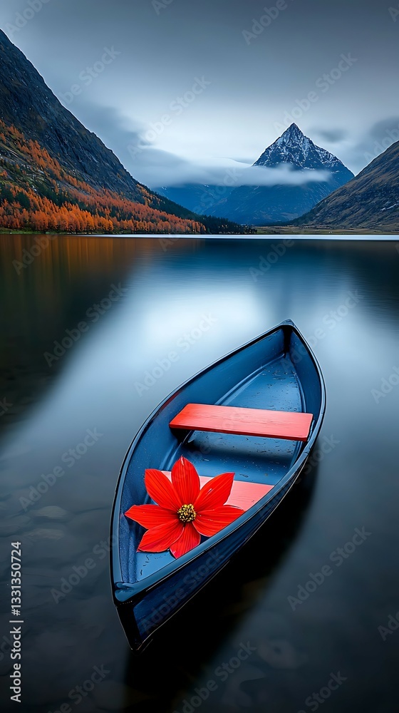 Wall mural a serene blue boat with a red flower floats on calm water, framed by majestic mountains and moody sk