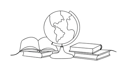 A simple line drawing depicts a globe, an open book, and a stack of books, symbolizing education, learning, and global knowledge. The style is minimalist and clean.