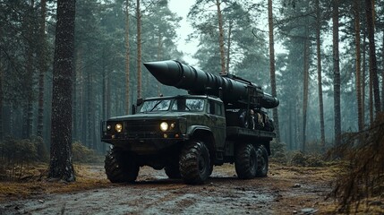 Fototapeta premium A military vehicle with a rocket launcher located in the forest symbolizes the wartime situation