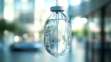 Close-up of an IV bag with clear fluid and bubbles, hanging against a blurred city background.