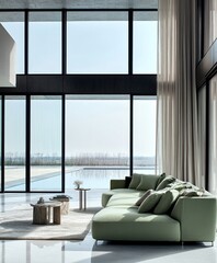 Modern sectional sofa in contemporary living room with pool view.