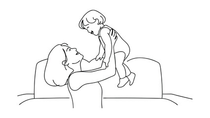 Line art drawing of a mother playfully lifting her toddler baby on a sofa. They share a happy moment, captured in simple black lines on white background.