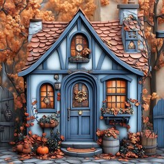 A cozy autumnal cottage adorned with warm and inviting decorations