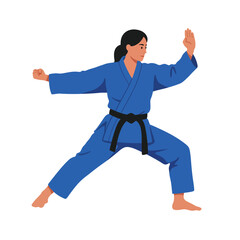Karate practitioner in blue uniform striking pose with minimal design vector art
