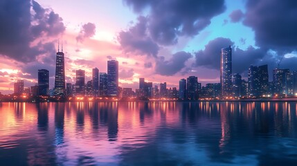 Charming urban skyline with towering skyscrapers and sunset high resolution picture