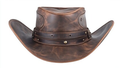 Classic brown leather cowboy hat symbolizing rodeo horse riding, Wild West culture, and Americana themes, isolated on a white background with a clean cut-out.