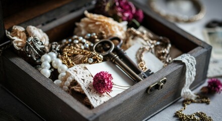 Antique wooden box containing vintage jewelry and dried flowers