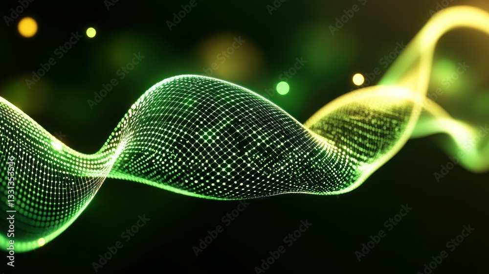 Poster abstract digital wavy line with green and yellow lights on a dark background
