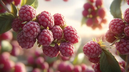 Close-up of ripe raspberries on a sunny day.  Clusters of juicy, vibrant pink berries are in focus, with out-of-focus berries and leaves in the background