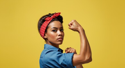 Strong African American woman in "We Can Do It!" pose against yellow background