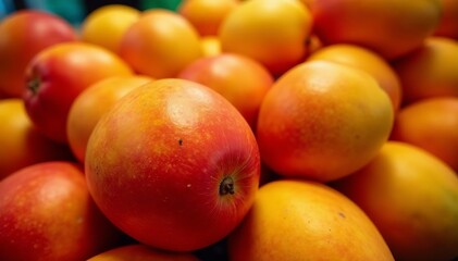 Close up of ripe mangoes in a vibrant market display, market, vibrant, ripe