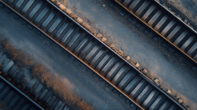 Aerial view of parallel railway tracks with gravel and wooden sleepers