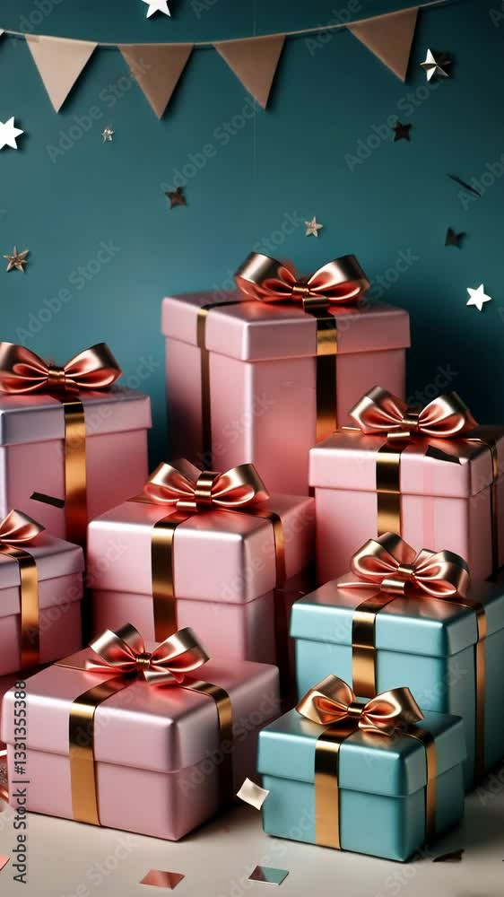 Aufkleber A stack of pink boxes with bows on them. The boxes are arranged in a row. There are also some pink and blue boxes