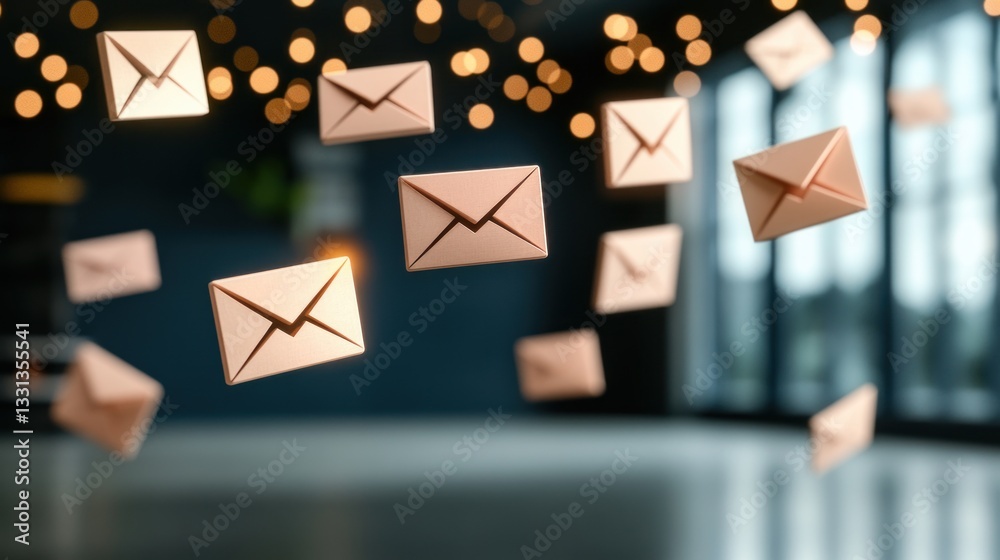 Poster Floating 3D Email Icons with Bokeh Background in Modern Indoor Space