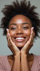 A beautiful young Black woman beams with joy, her hands gently framing her face, showcasing her radiant skin and natural curls. This image captures the essence of happiness and self-love, inviting