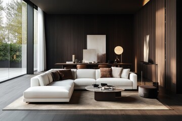 Fototapeta premium Modern sectional sofa in minimalist living room. (1)