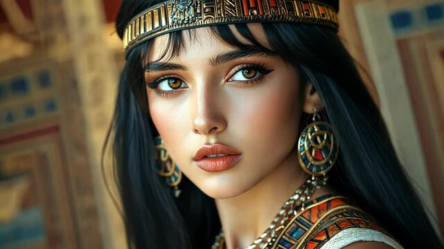 pretty Ancient Egyptian woman wearing ancient historical attire with headdress at ancient castle