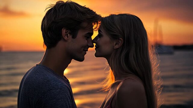 young love couple face close together romantic scene with sunset light flare at beach
