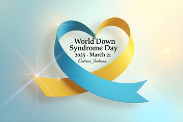 A banner image created for world down syndrome day 2025 with blue and yellow ribbons