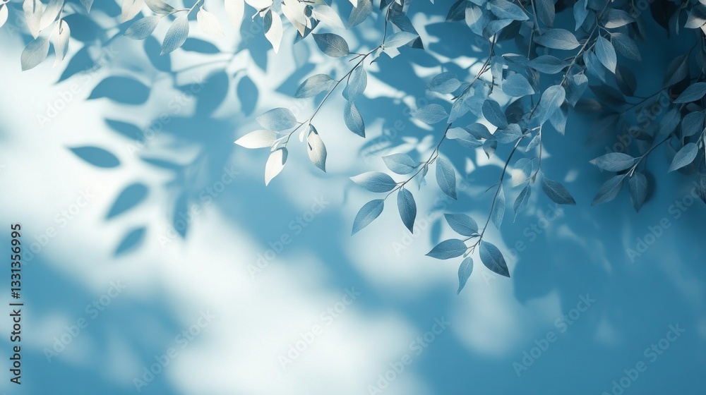 Poster delicate leaves stretch gracefully across a gentle light blue backdrop, casting soft and inviting sh